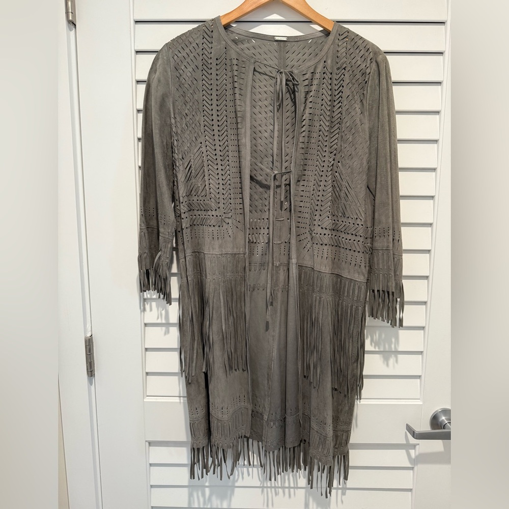 Elie Tahari Olive Green Leather Fringe Jacket